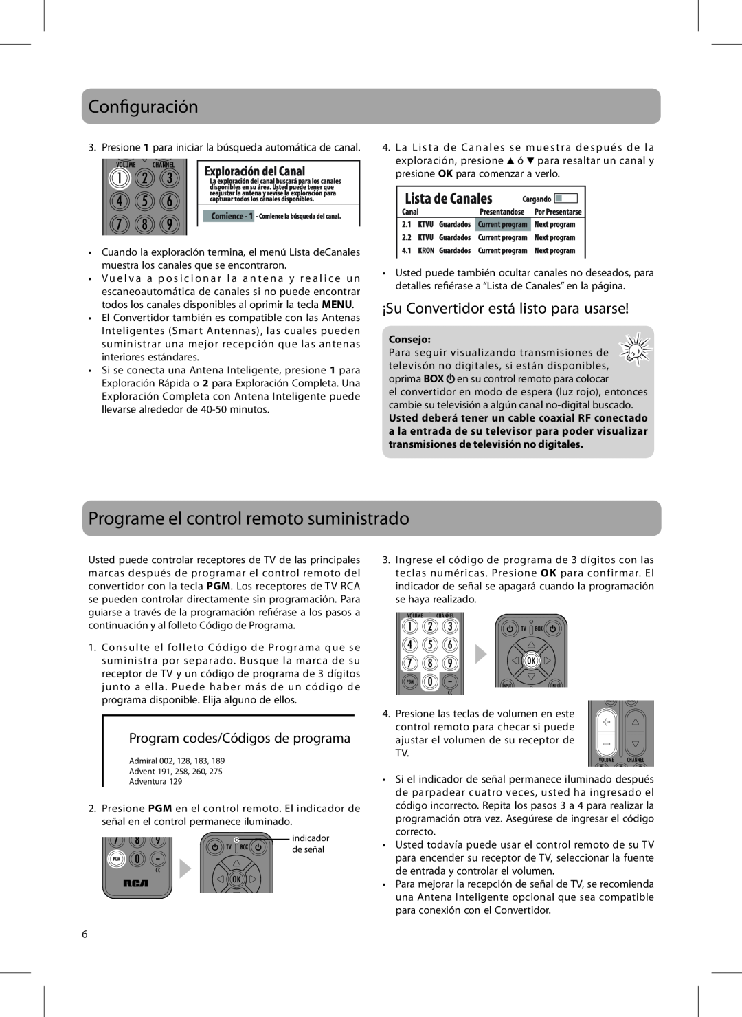 RCA 811-DTA891W030 Programe el control remoto suministrado, ¡Su Convertidor está listo para usarse, Configuración, Consejo 