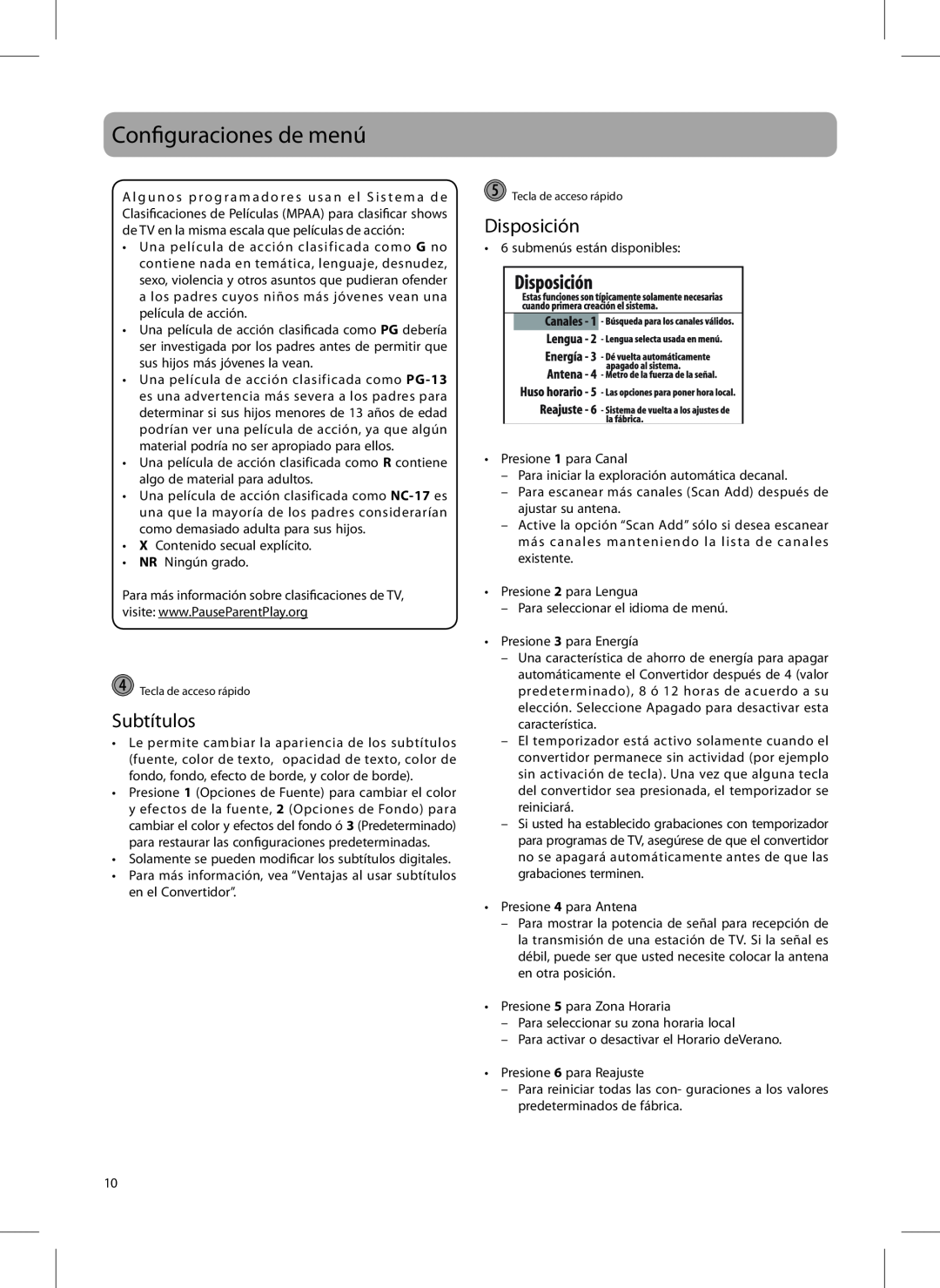 RCA 811-DTA891W030, DTA800B1L user manual Subtítulos, Disposición, Configuraciones de menú 