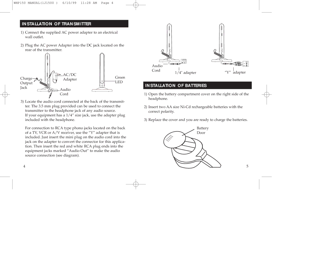 RCA 900 MHz manual Installation of Transmitter, Installation of Batteries 