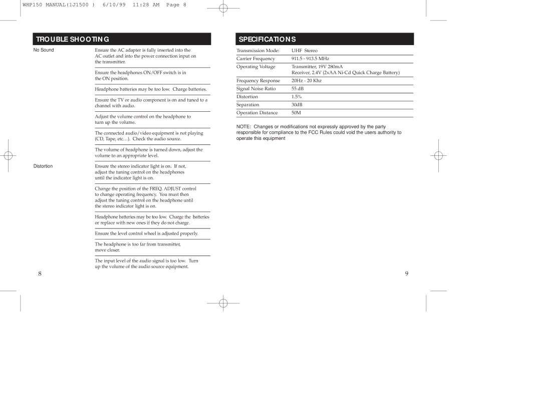 RCA 900 MHz manual Trouble Shooting, Specifications 