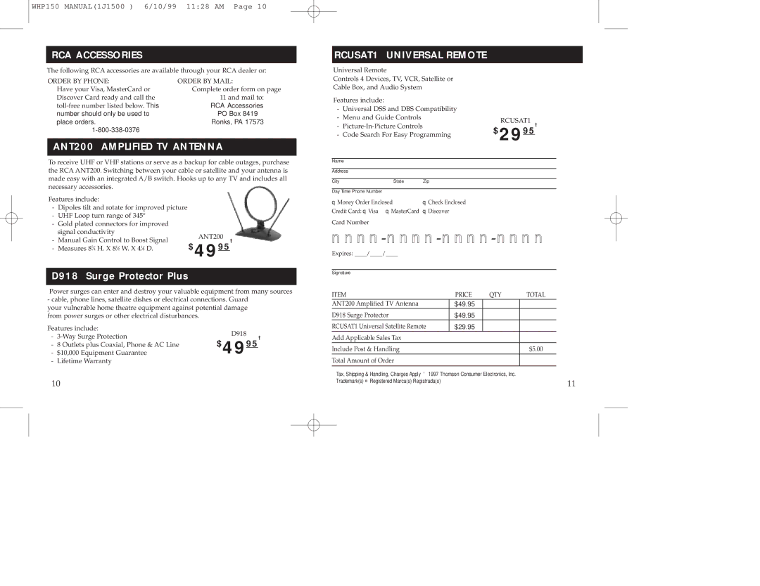 RCA 900 MHz manual RCA Accessories RCUSAT1 Universal Remote, ANT200 Amplified TV Antenna 