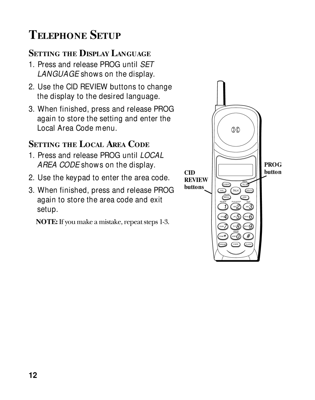 RCA 900 MHz manual Telephone Setup, CID Review buttons 