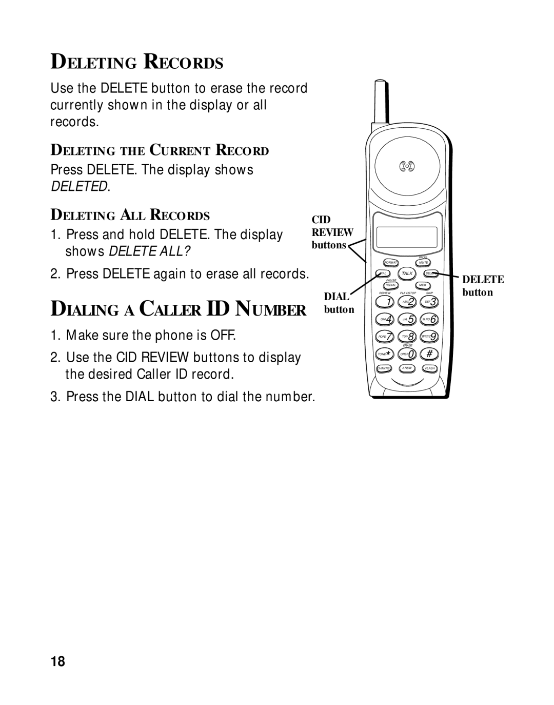 RCA 900 MHz manual Deleting Records, Dialing a Caller ID Number button 