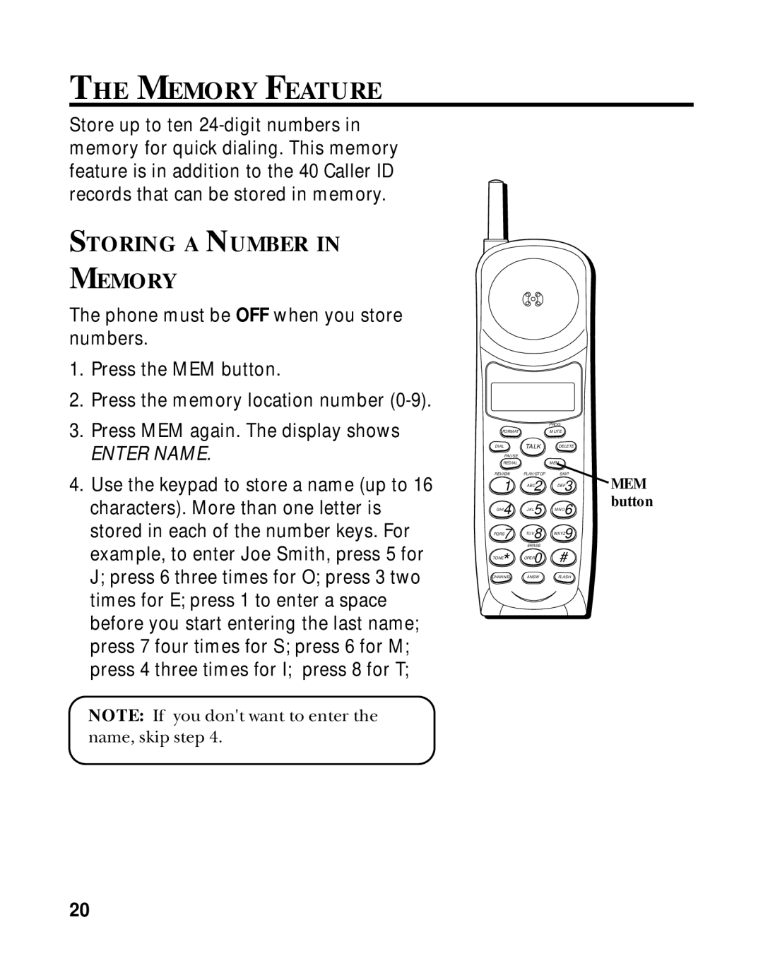 RCA 900 MHz manual Memory Feature, Storing a Number Memory 