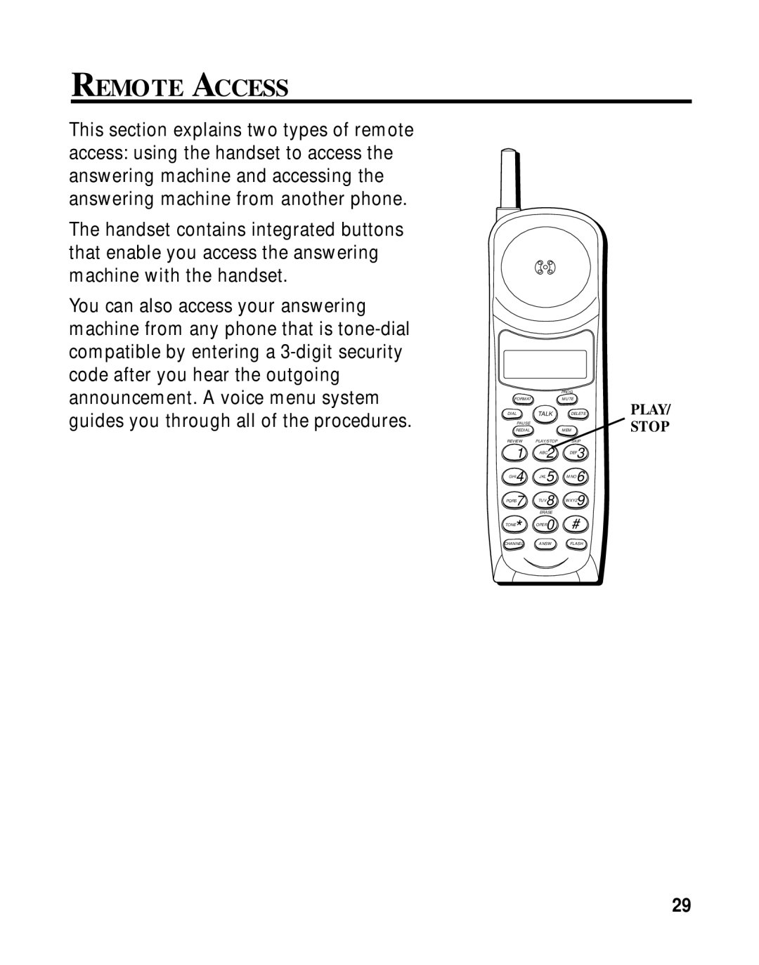 RCA 900 MHz manual Remote Access, Stop 