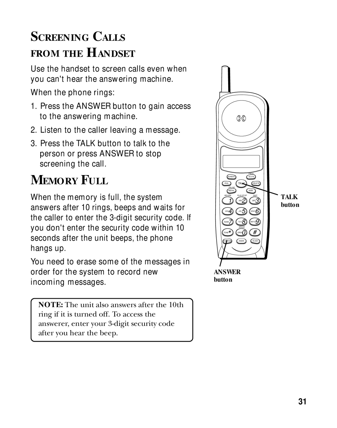 RCA 900 MHz manual Screening Calls From the Handset, Talk 