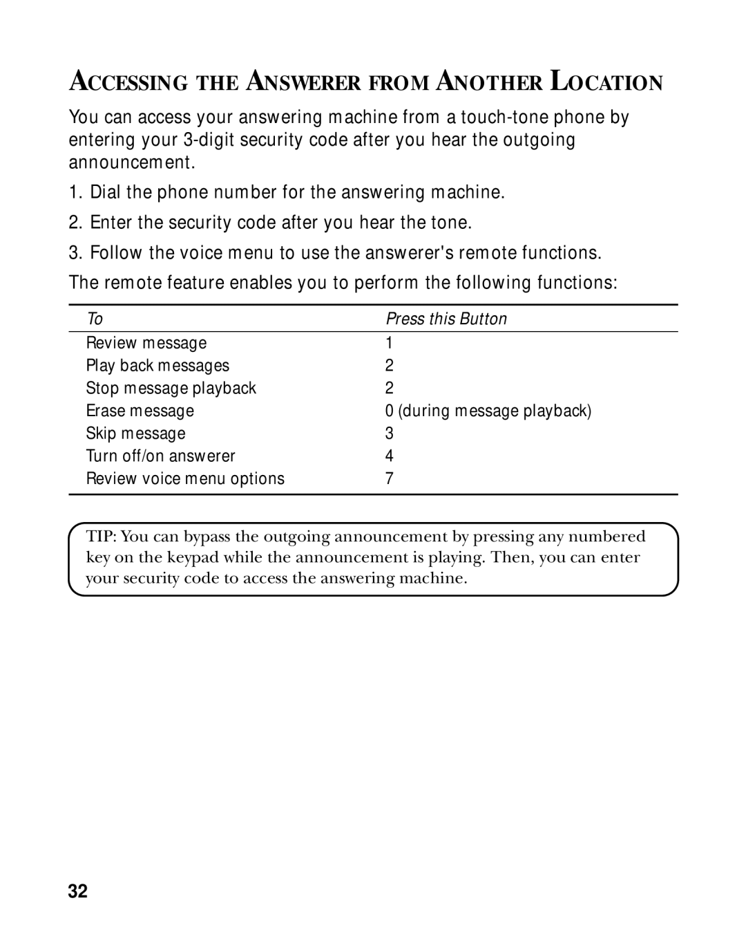 RCA 900 MHz manual Accessing the Answerer from Another Location 