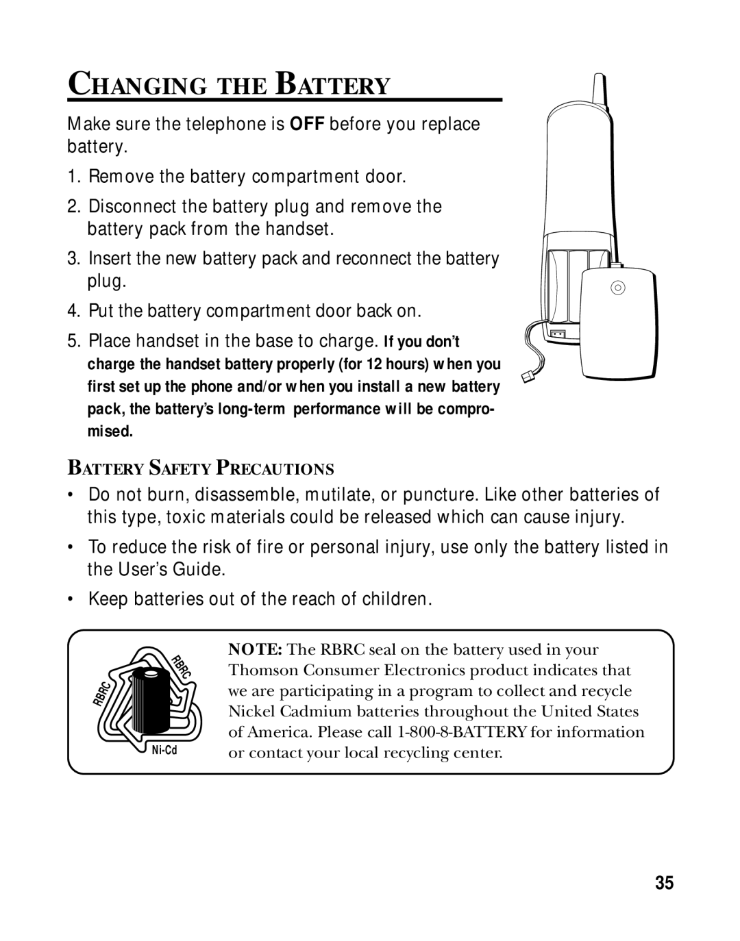 RCA 900 MHz manual Changing the Battery 