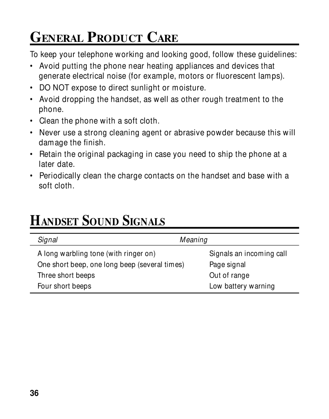 RCA 900 MHz manual General Product Care, Handset Sound Signals 