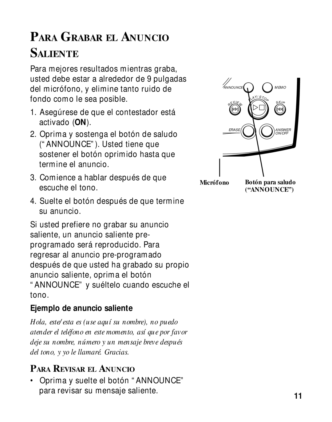 RCA 900 MHz manual Para Grabar EL Anuncio Saliente, Ejemplo de anuncio saliente 