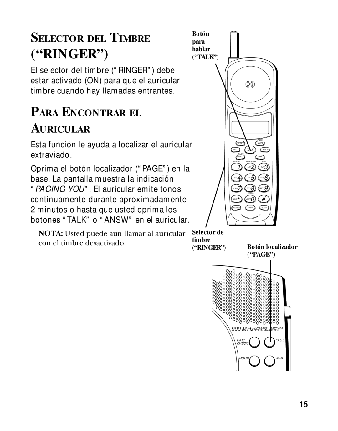 RCA 900 MHz manual Selector DEL Timbre, Para Encontrar EL Auricular 