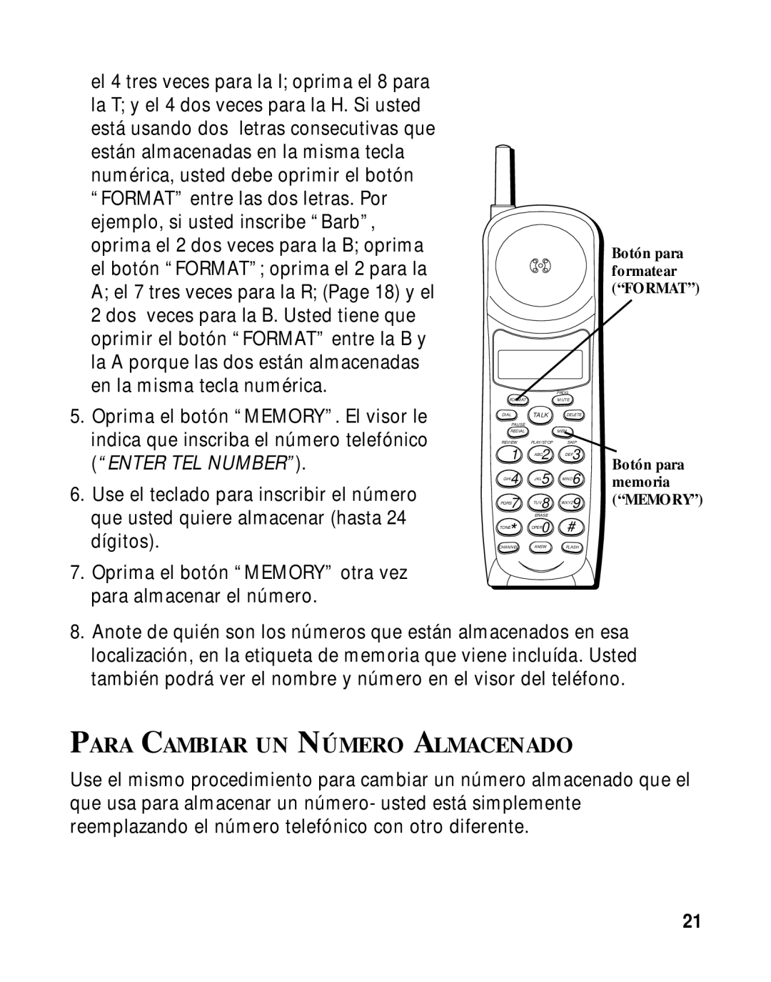 RCA 900 MHz manual Para Cambiar UN Número Almacenado 