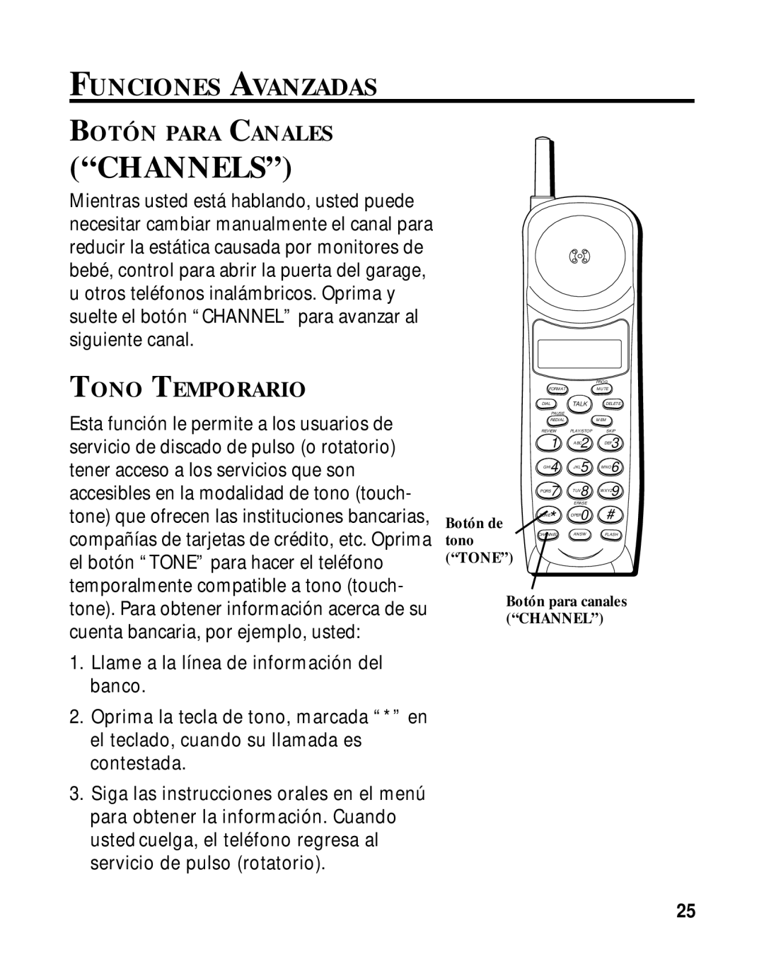 RCA 900 MHz manual Funciones Avanzadas, Botón Para Canales, Tono Temporario 