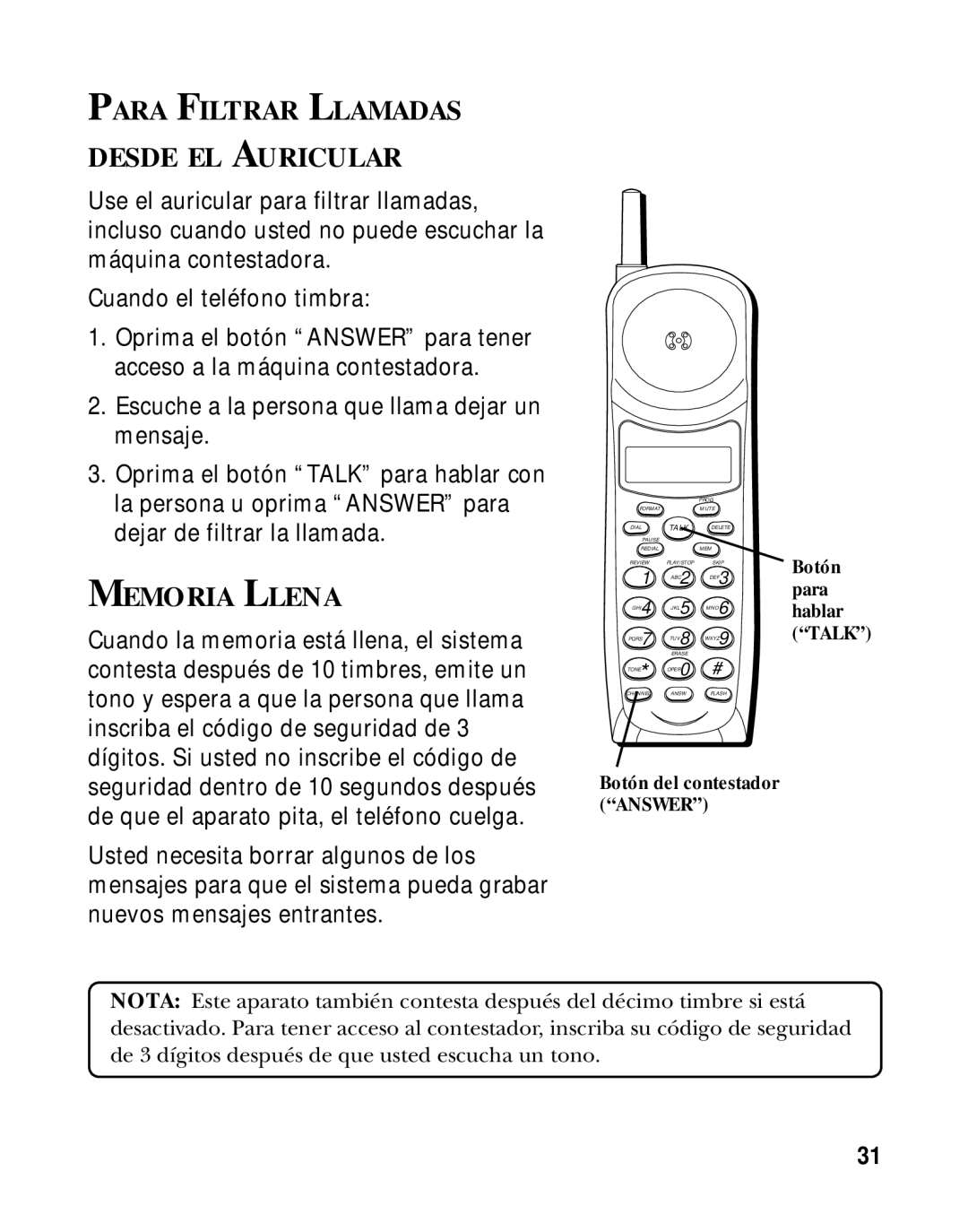 RCA 900 MHz manual Para Filtrar Llamadas Desde EL Auricular, Memoria Llena 