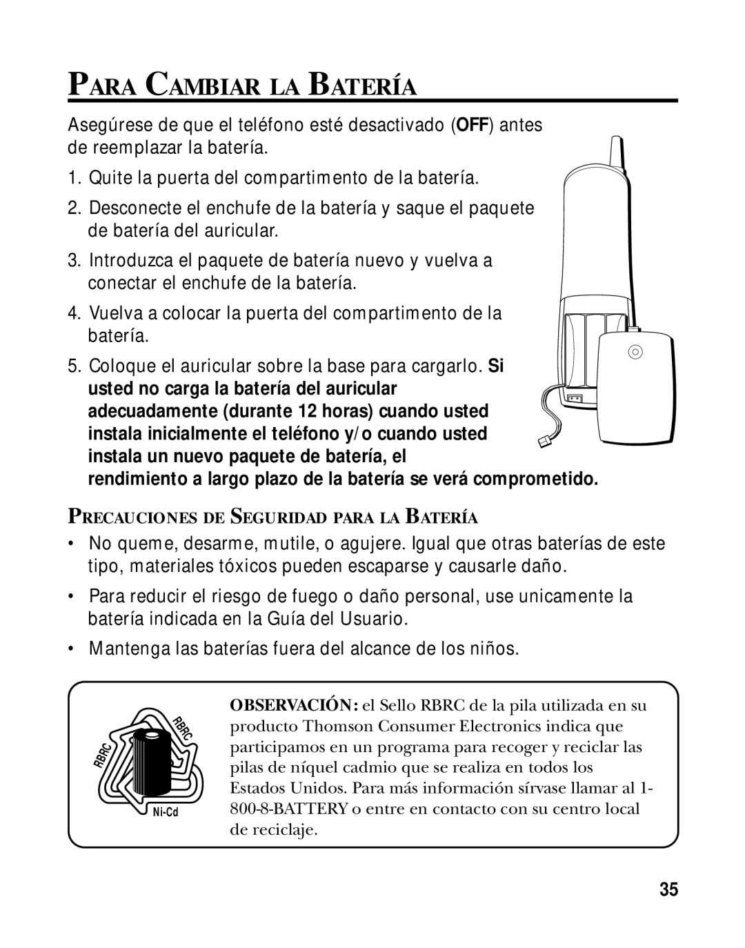 RCA 900 MHz manual Para Cambiar LA Batería 