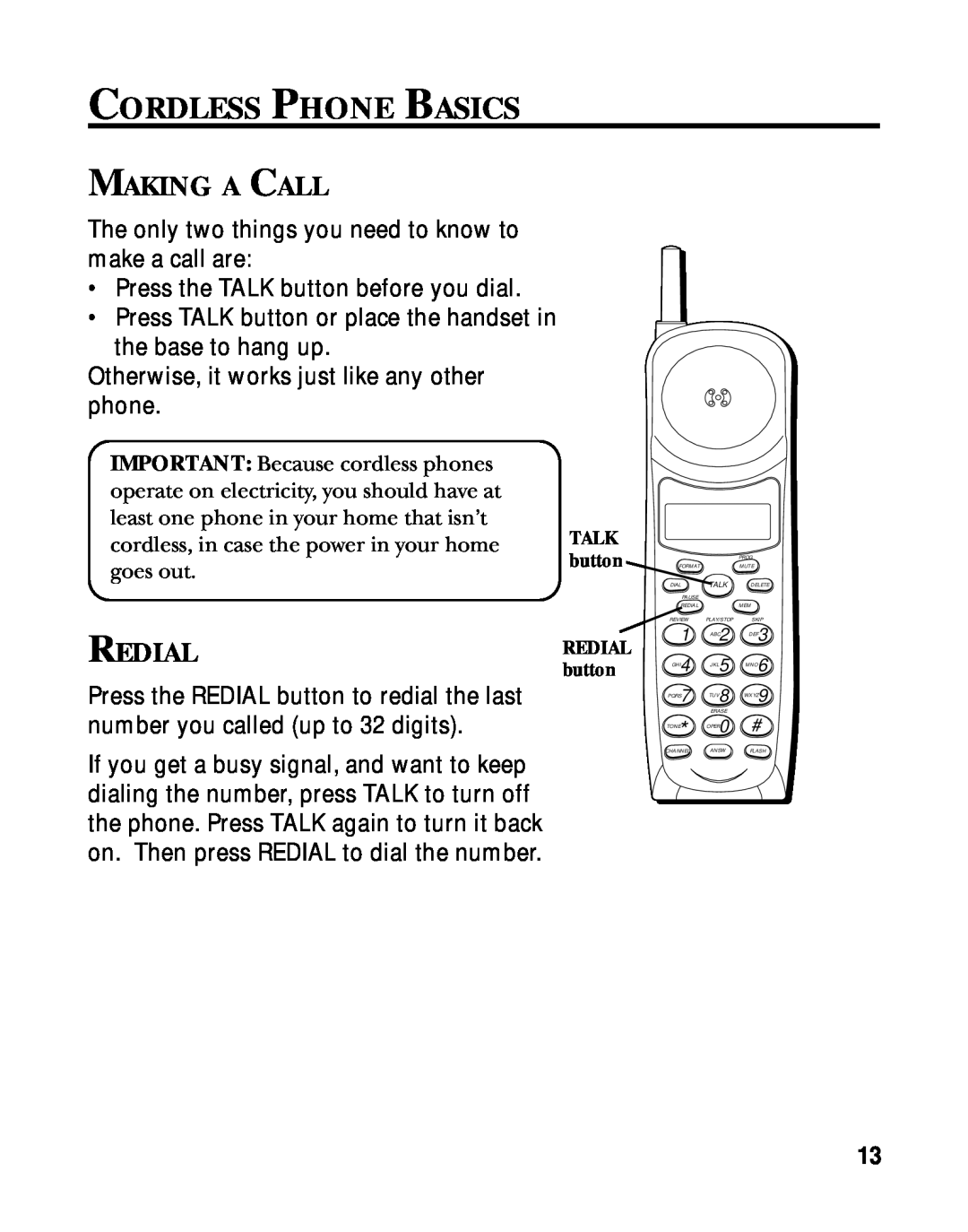 RCA 900 MHz manual Cordless Phone Basics, Making A Call, Redial 