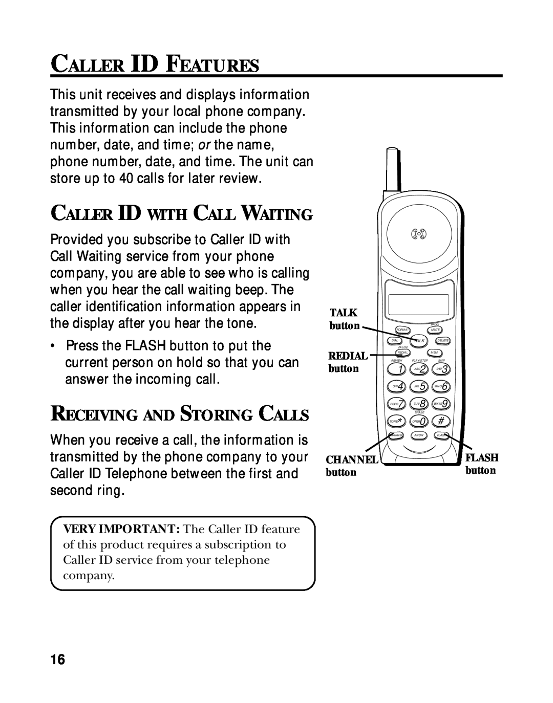RCA 900 MHz manual Caller Id Features, Receiving And Storing Calls, Caller Id With Call Waiting 