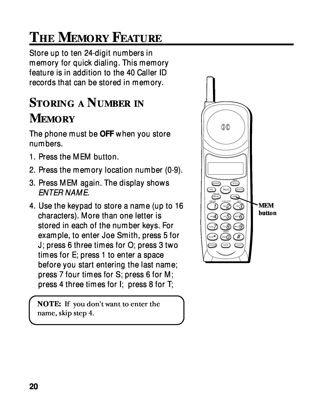 RCA 900 MHz manual The Memory Feature, Storing A Number In Memory, Enter Name 