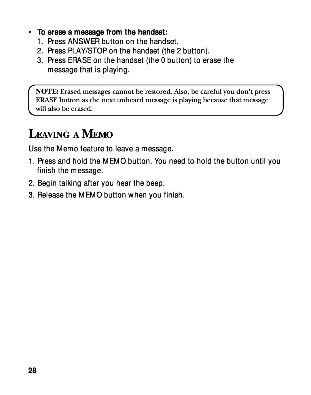 RCA 900 MHz manual Leaving A Memo, To erase a message from the handset 