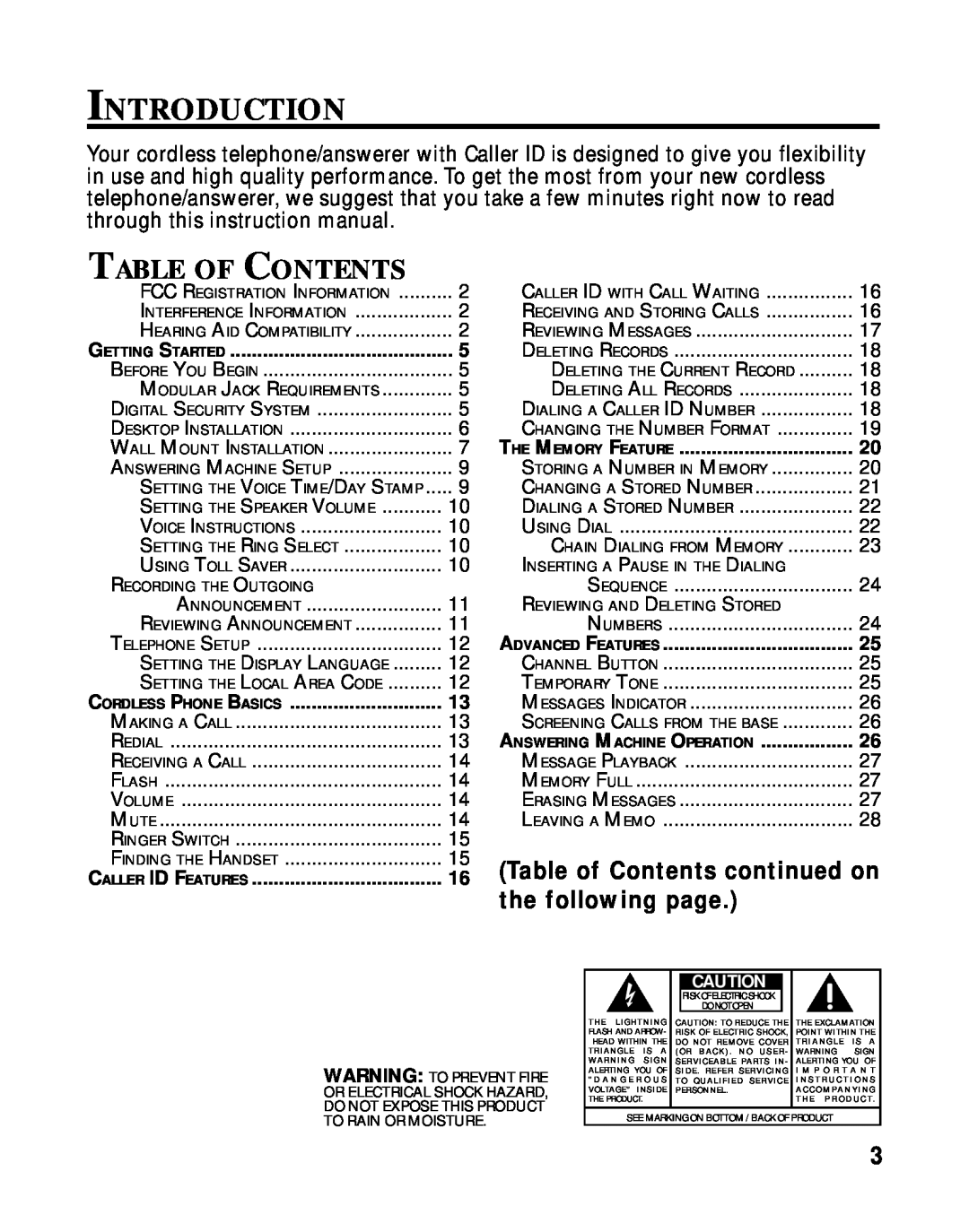 RCA 900 MHz manual Introduction, Table Of Contents, Table of Contents continued on, the following page 