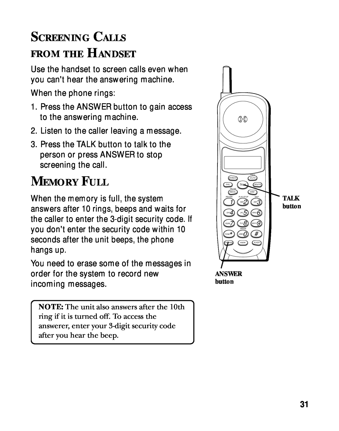 RCA 900 MHz manual Screening Calls From The Handset, Memory Full 