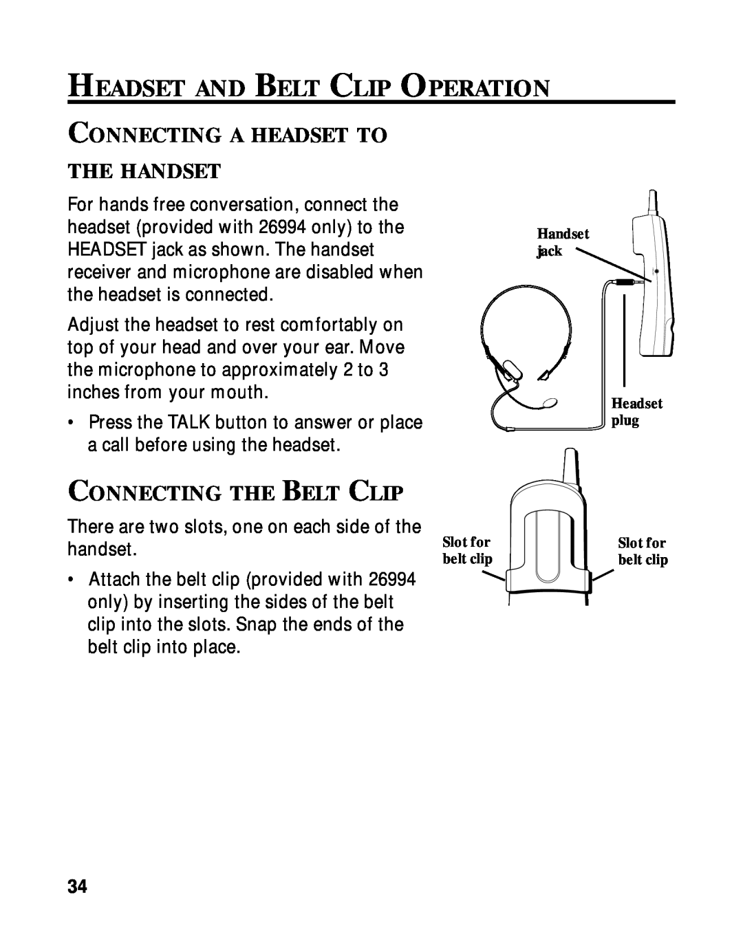 RCA 900 MHz manual Headset And Belt Clip Operation, Connecting A Headset To The Handset, Connecting The Belt Clip 