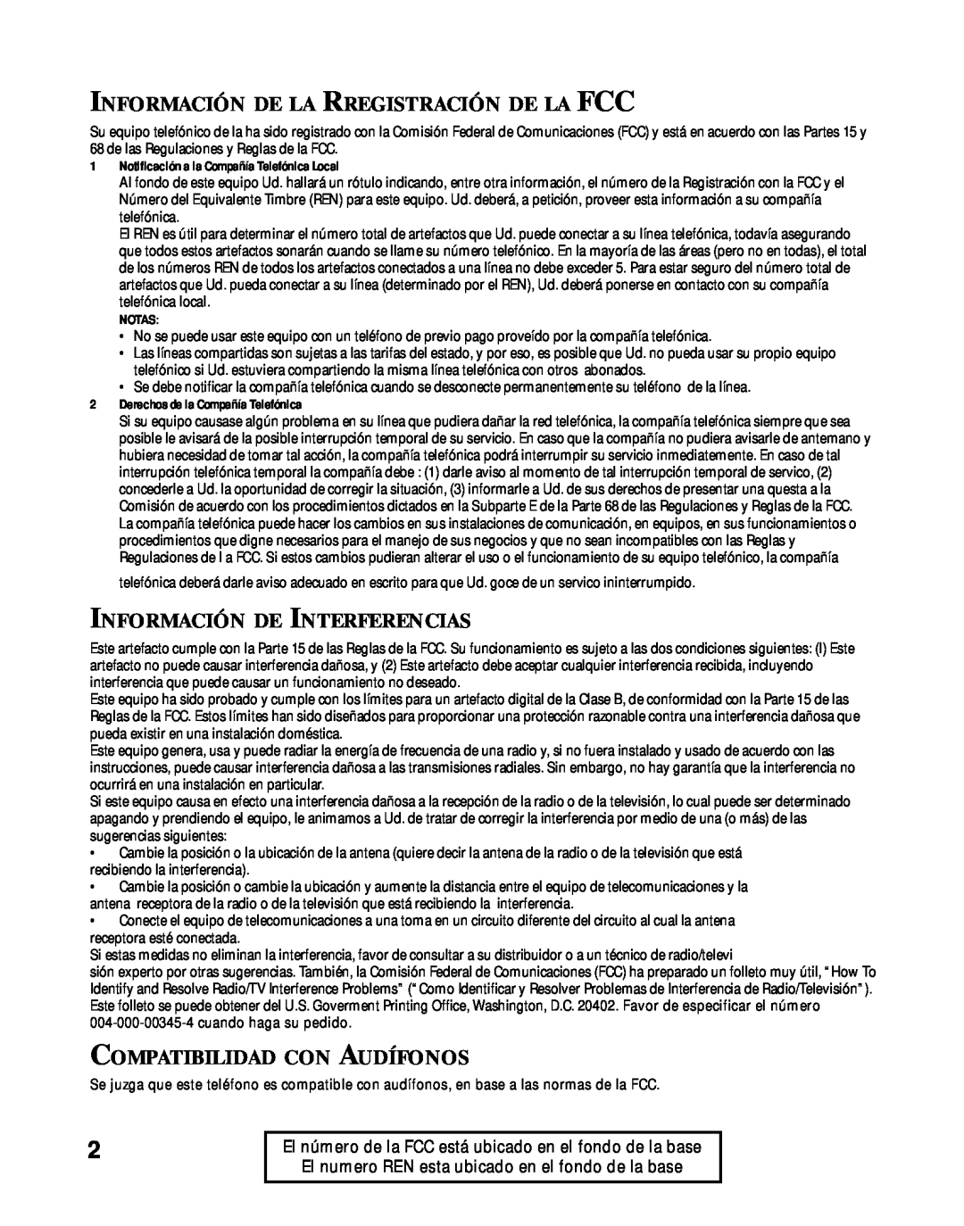 RCA 900 MHz manual Información De La Rregistración De La Fcc, Información De Interferencias, Compatibilidad Con Audífonos 