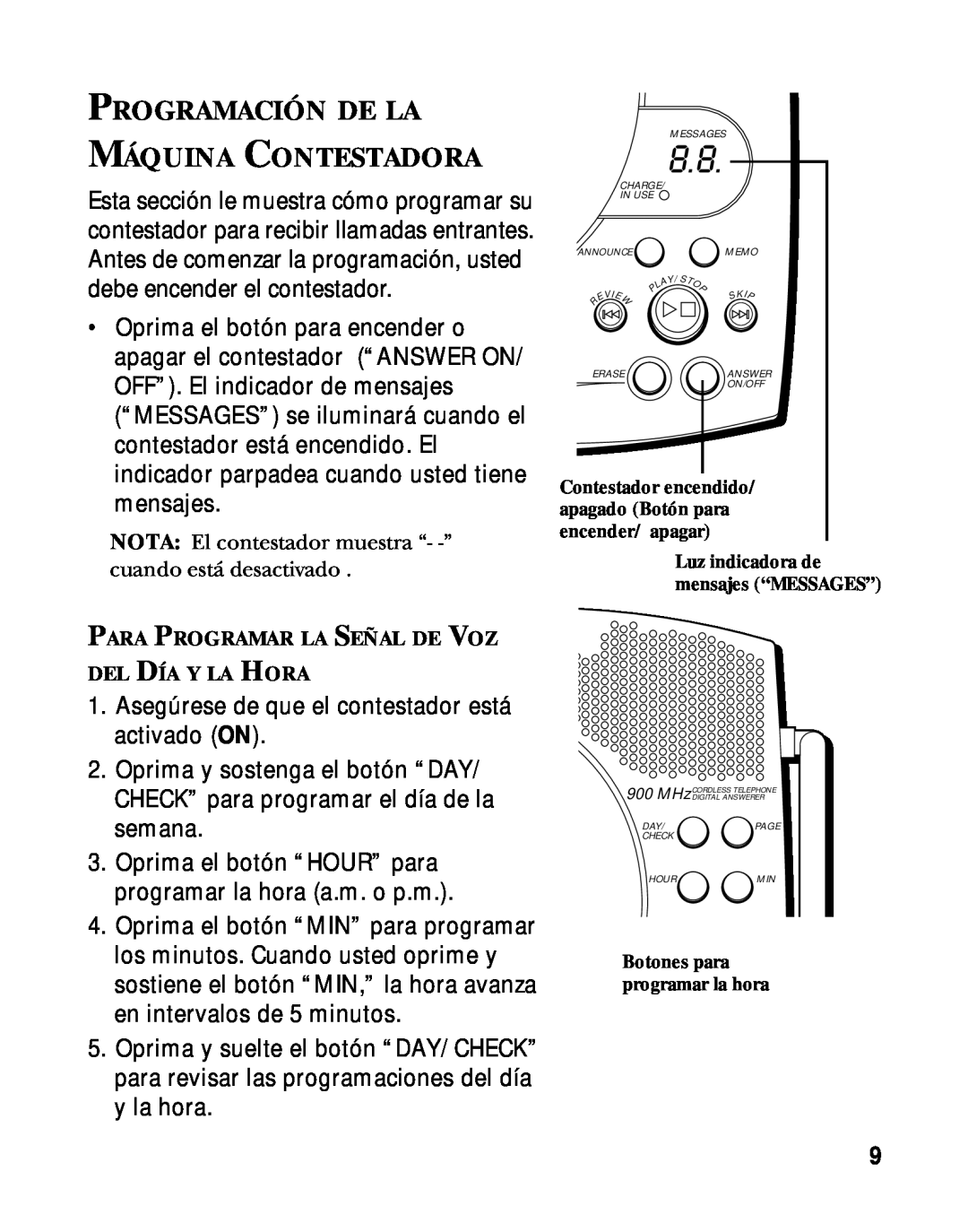 RCA 900 MHz manual Programación De La Máquina Contestadora, Para Programar La Señal De Voz Del Día Y La Hora 