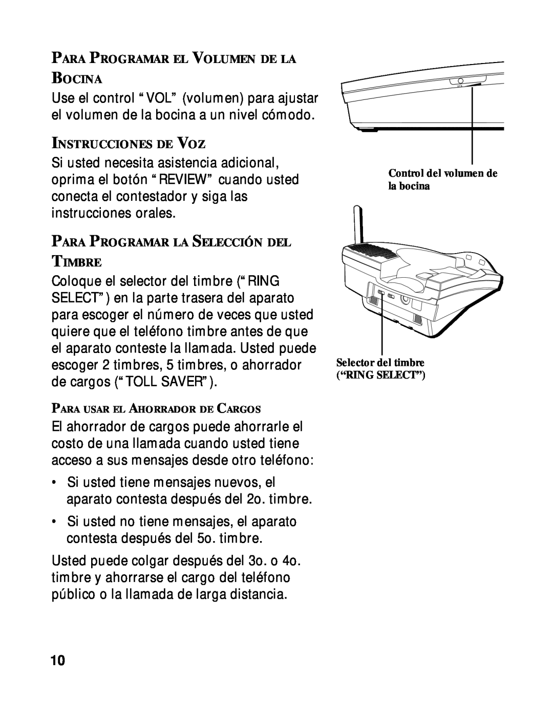 RCA 900 MHz manual Para Programar El Volumen De La Bocina, Instrucciones De Voz, Para Programar La Selección Del Timbre 