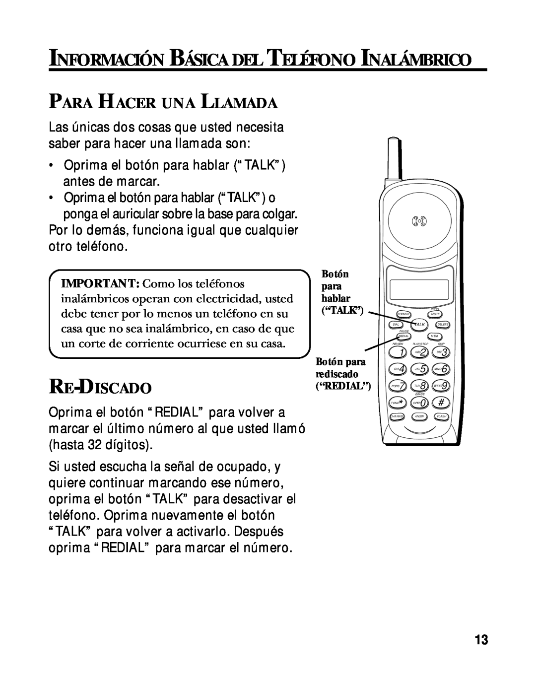 RCA 900 MHz manual Información Básica Del Teléfono Inalámbrico, Para Hacer Una Llamada, Re-Discado 