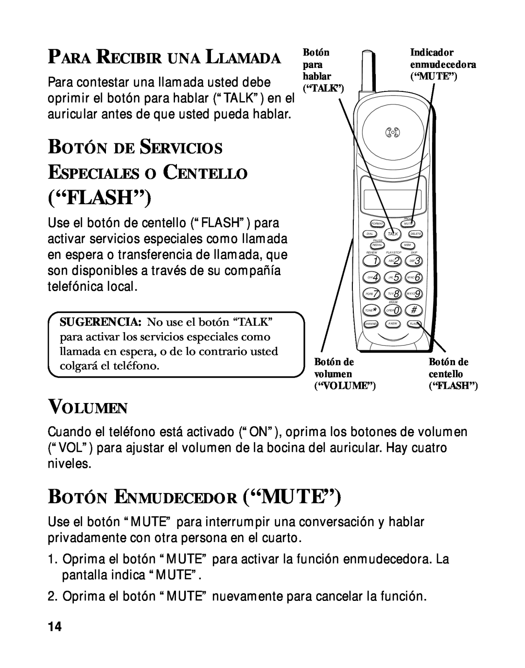 RCA 900 MHz “Flash”, Para Recibir Una Llamada, Botón De Servicios Especiales O Centello, Volumen, Botón Enmudecedor “Mute” 