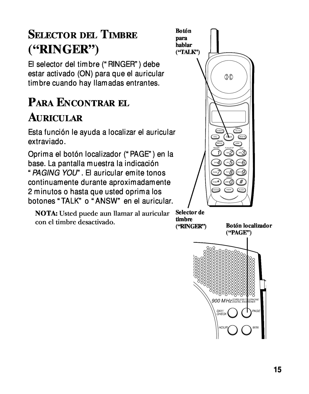 RCA 900 MHz manual “Ringer”, Selector Del Timbre, Para Encontrar El Auricular 