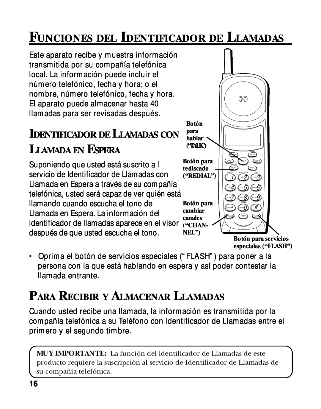 RCA 900 MHz manual Funciones Del Identificador De Llamadas, Lamada En Spera, Para Recibir Y Almacenar Llamadas 