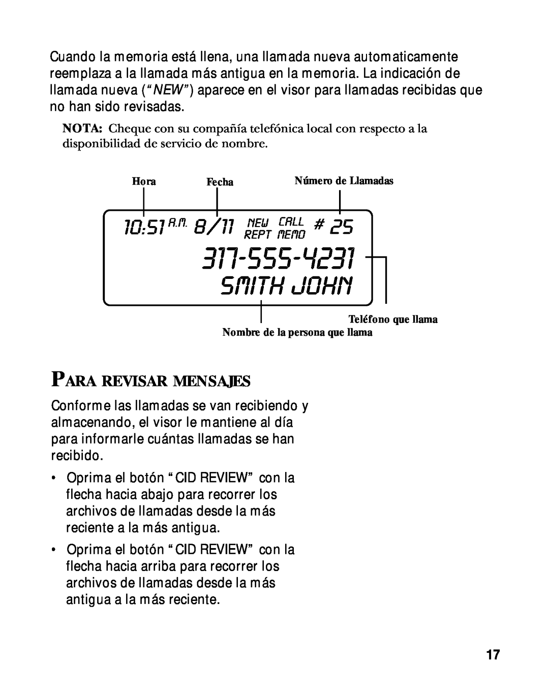 RCA 900 MHz manual Para Revisar Mensajes, Smith John, 10 51 A.M. 8/11 NEW CALL #, Hora FechaNúmero de Llamadas 