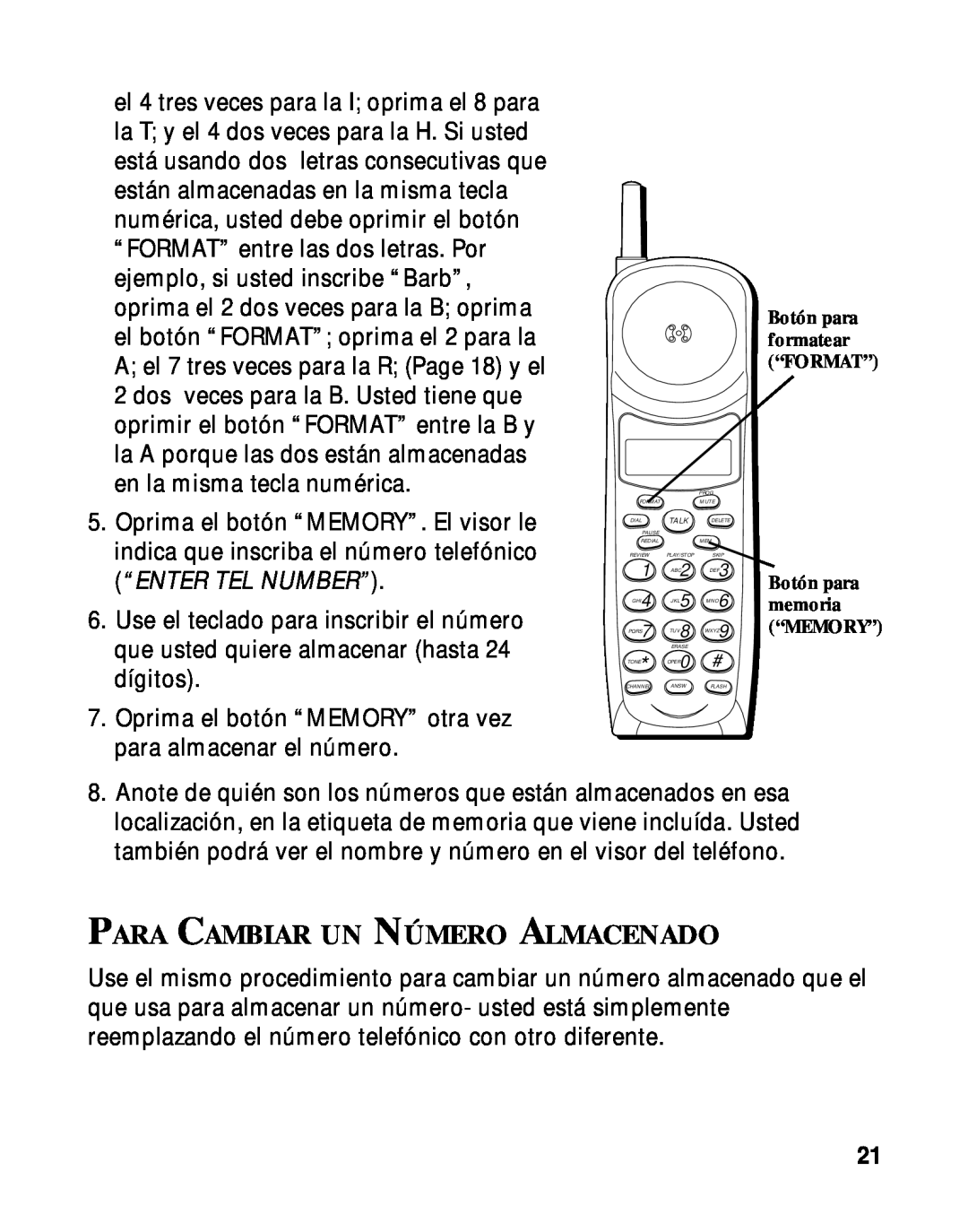 RCA 900 MHz manual Para Cambiar Un Número Almacenado, Botón para, memoria 