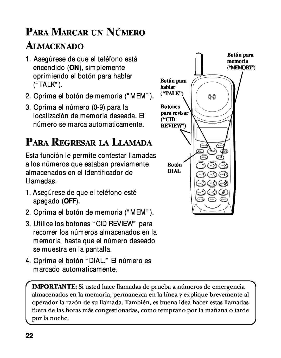 RCA 900 MHz manual Para Marcar Un Número Almacenado, Para Regresar La Llamada 