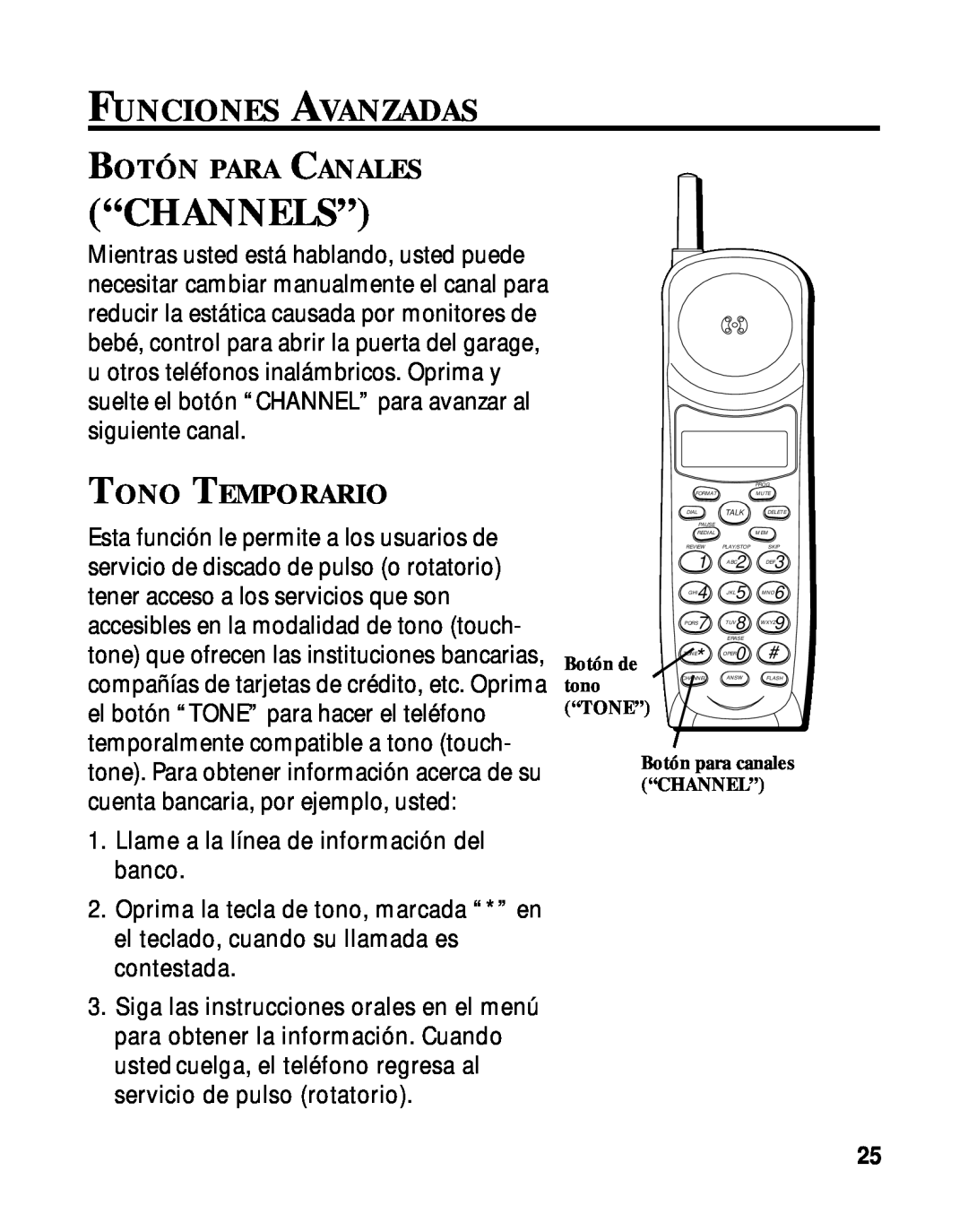 RCA 900 MHz manual “Channels”, Funciones Avanzadas, Botón Para Canales, Tono Temporario 