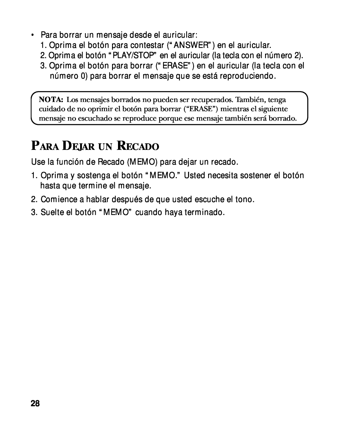RCA 900 MHz manual Para Dejar Un Recado 