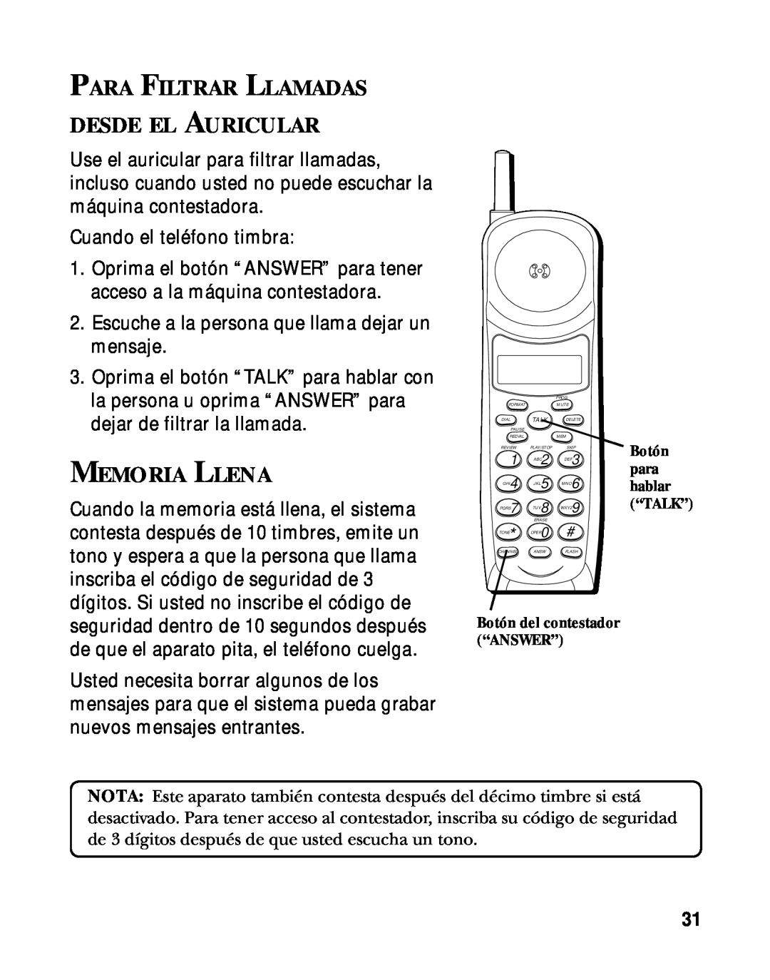 RCA 900 MHz manual Para Filtrar Llamadas Desde El Auricular, Memoria Llena 