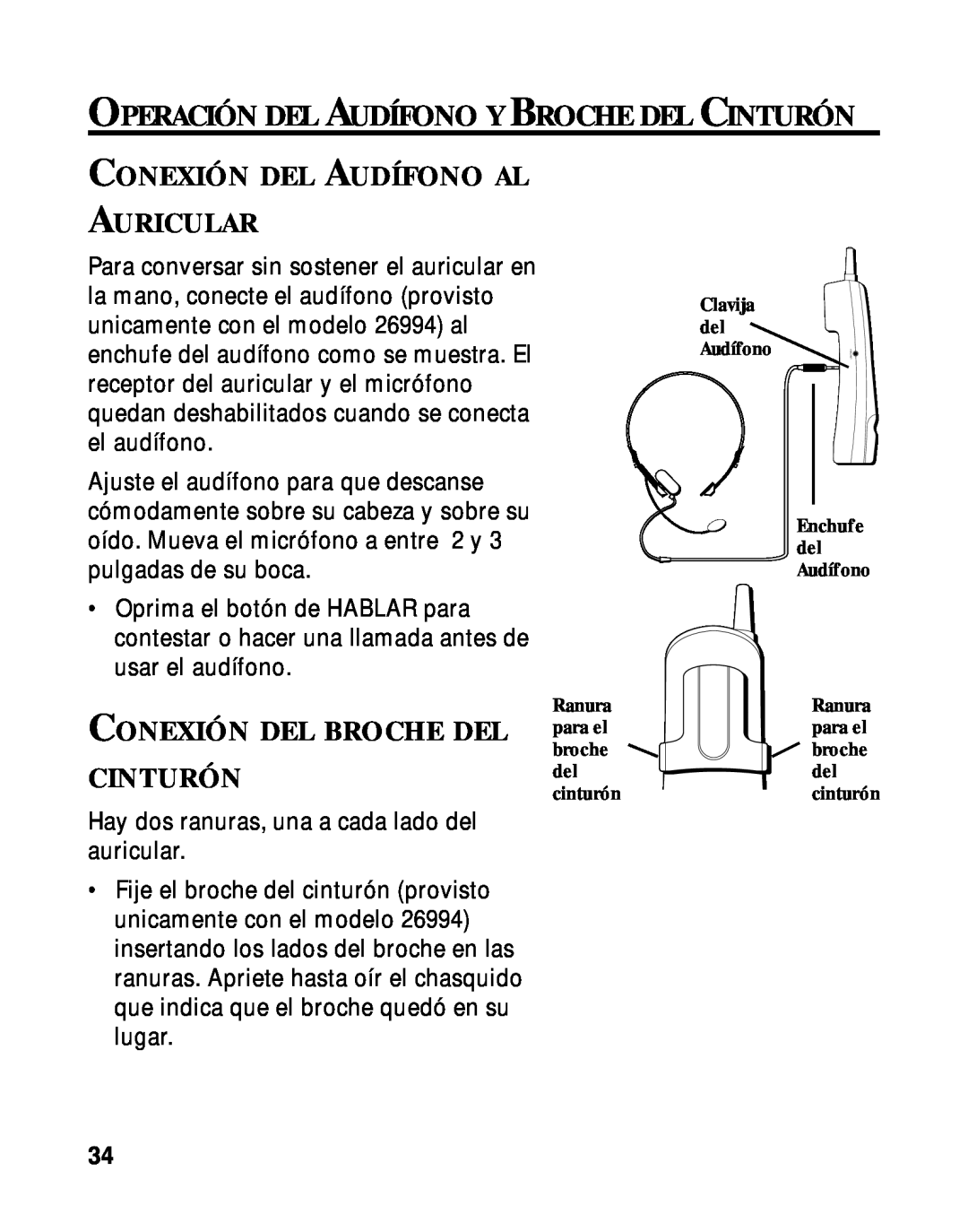 RCA 900 MHz manual Conexión Del Audífono Al Auricular, Conexión Del Broche Del Cinturón 