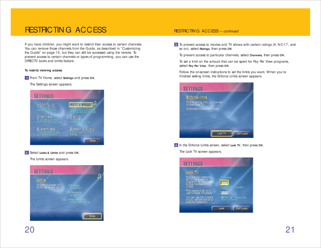 RCA 980-04038-800 manual Restricting Access 