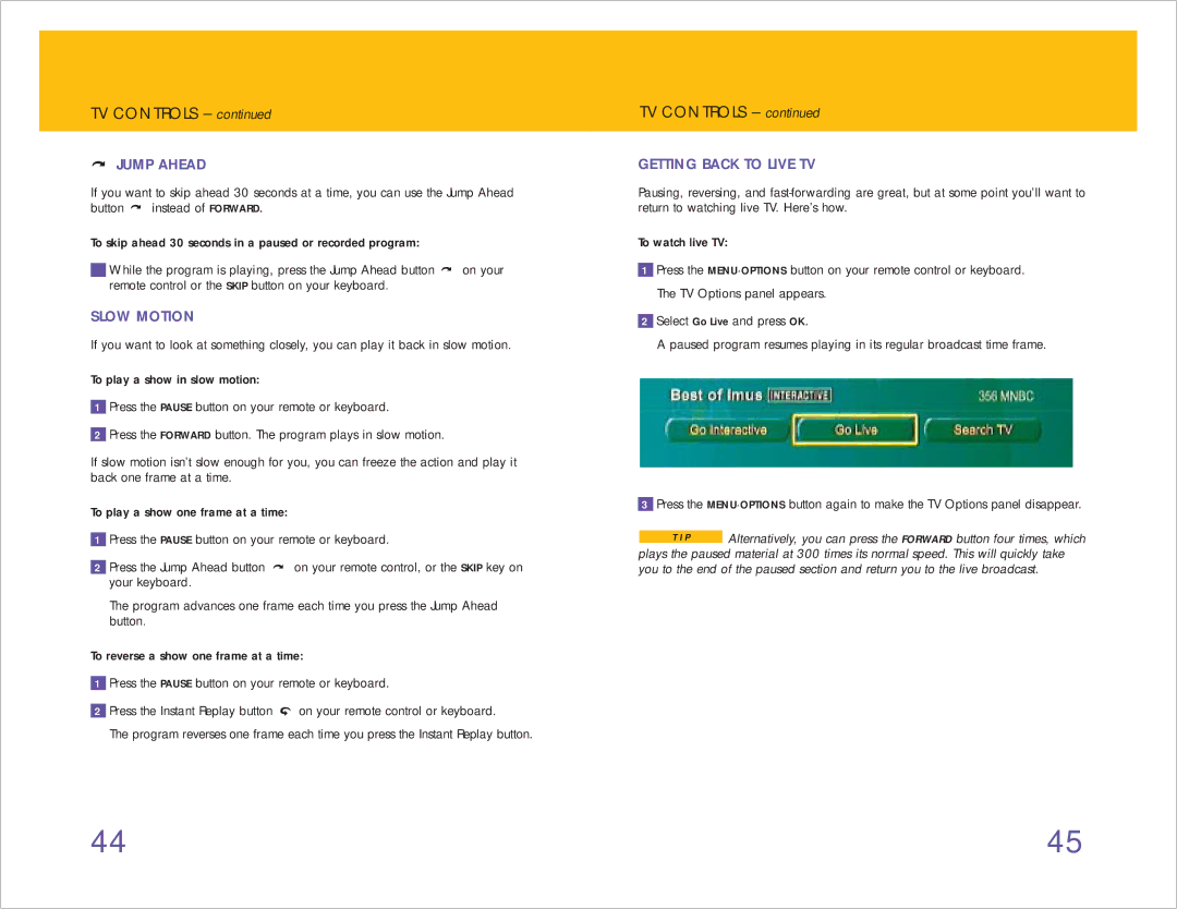 RCA 980-04038-800 manual Jump Ahead, Slow Motion, Getting Back to Live TV 