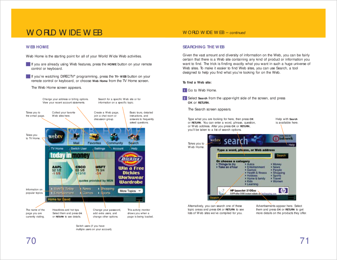 RCA 980-04038-800 manual World Wide WEB, WEB Home, Searching the WEB 