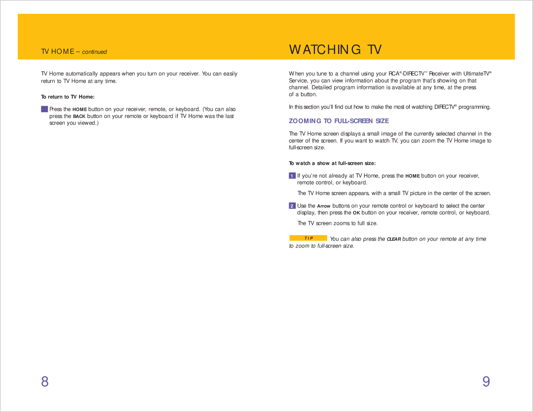 RCA 980-04038-800 manual Watching TV, TV Home, Zooming to FULL-SCREEN Size 