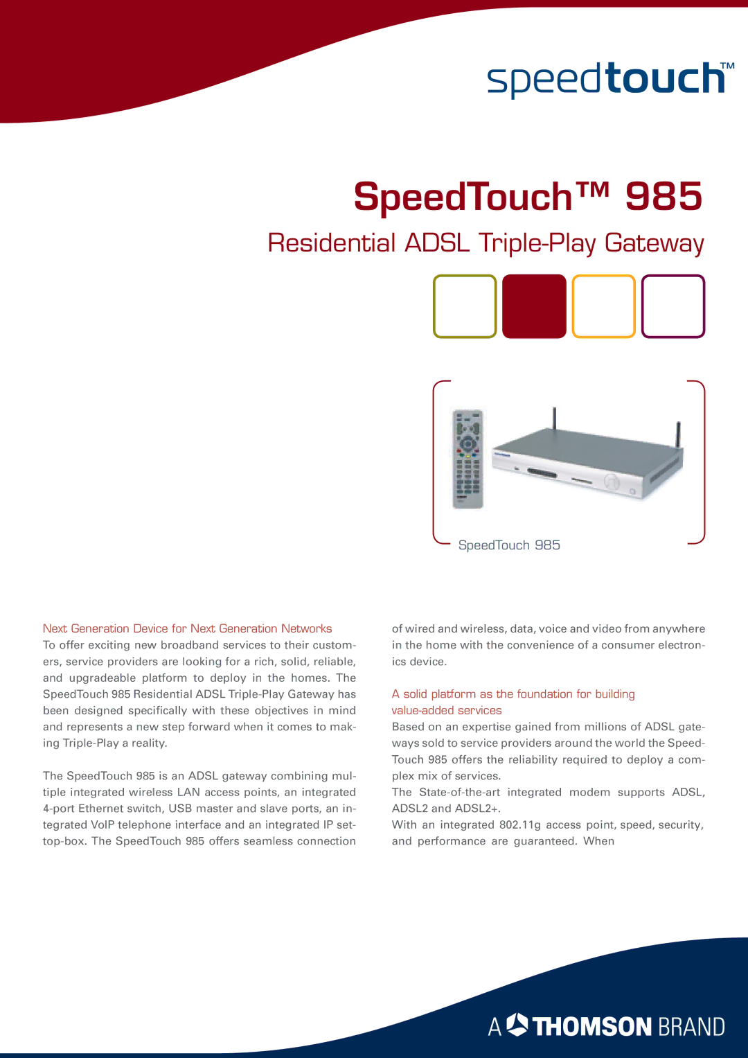 RCA 985 manual Residential Adsl Triple-Play Gateway, Next Generation Device for Next Generation Networks 