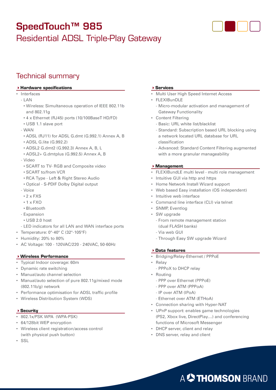 RCA 985 manual 4Hardware speciﬁcations, 4Wireless Performance, 4Security, 4Services, 4Management, 4Data features 