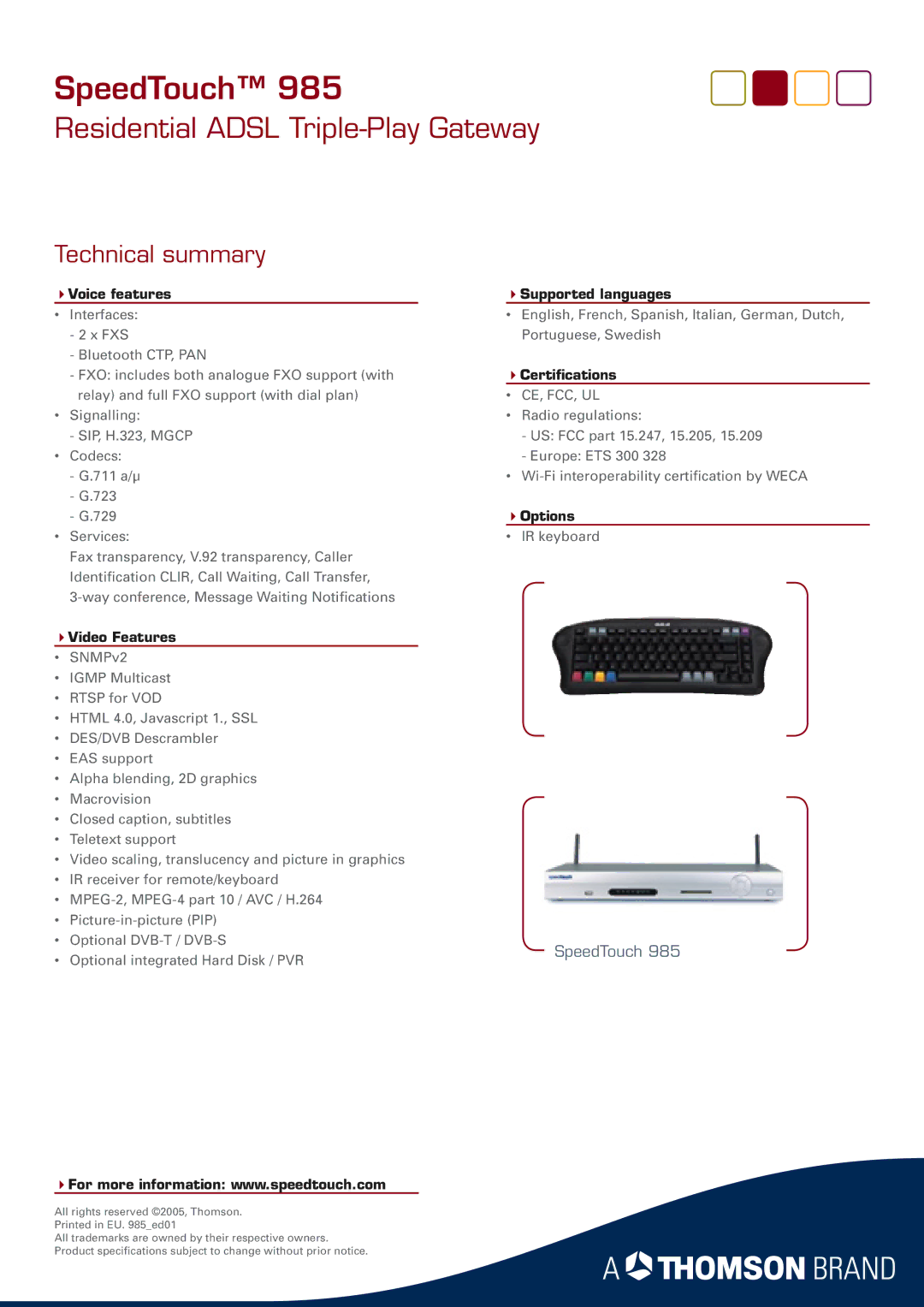 RCA 985 manual 4Voice features, 4Video Features, 4Supported languages, 4Certiﬁcations, 4Options 