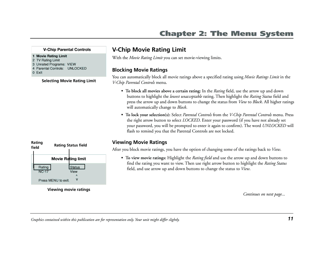 RCA 9V345T manual Chip Movie Rating Limit, Blocking Movie Ratings, Viewing Movie Ratings 