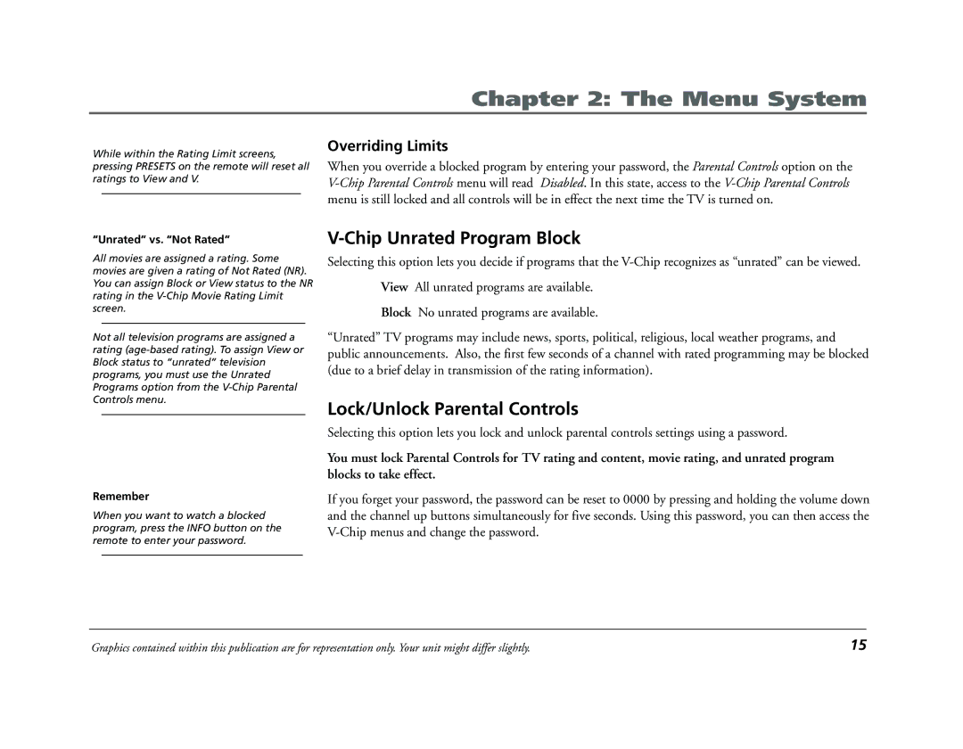 RCA 9V345T manual Chip Unrated Program Block, Lock/Unlock Parental Controls, Overriding Limits 