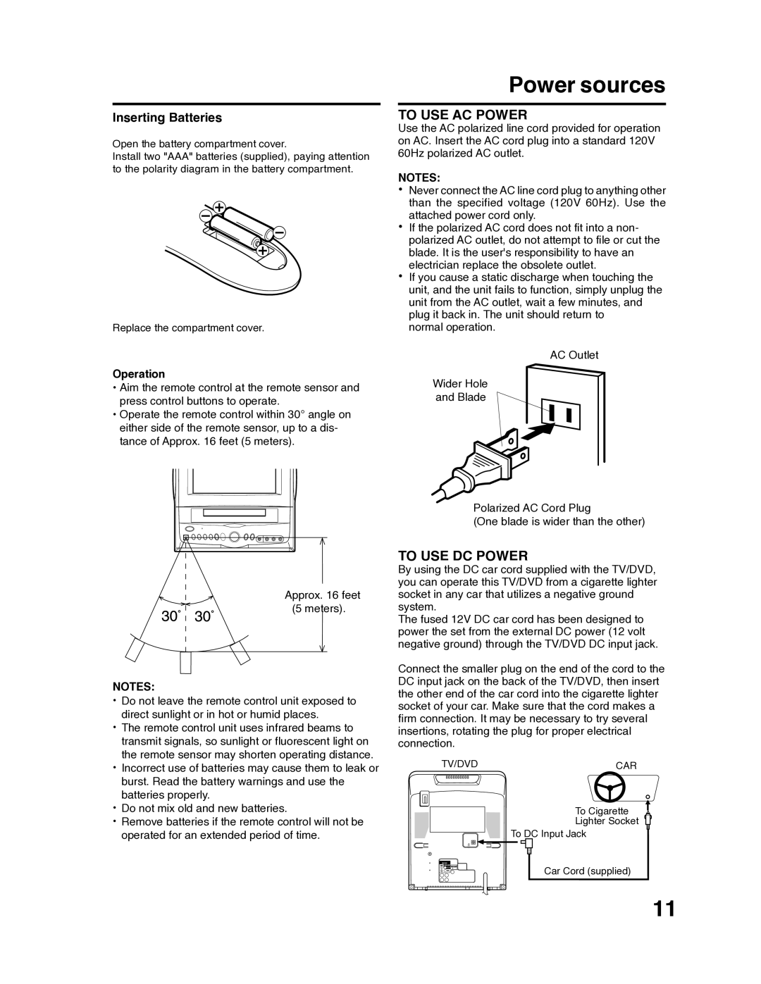 RCA 9V400TD manual Power sources, To USE AC Power, To USE DC Power, Inserting Batteries, Operation 